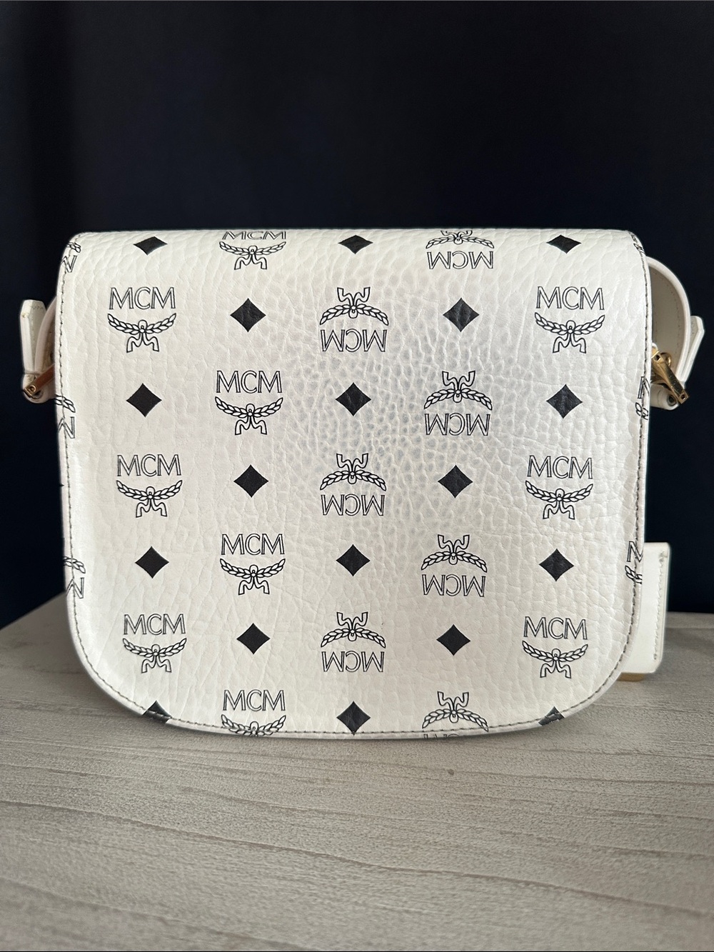 MCM White Visetos Logo Crossbody with Gold-Tone Lock - Picture 3 of 6